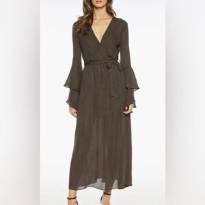 NWT Bardot Loretta Faux-Wrap Stripped Maxi Dress Size 12 Ruffle Sleeves Boho